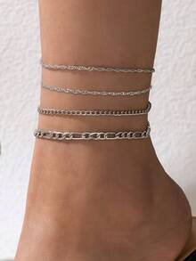 4pcs/Set Minimalist Chic Metal Thin Chain Layered Geometric Anklet Jewelry Set, Versatile For Any Occasion, Perfect Gift For Women - Multicolor - View 12