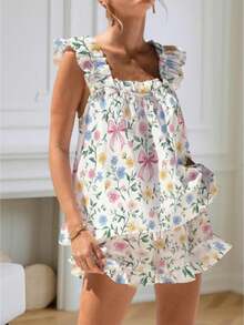 Womens Ruffle Pajamas Set 2 Piece Summer PJs Floral Pajama Ruffle Trim Cami Top And Shorts Lounge - Multicolor - View 1