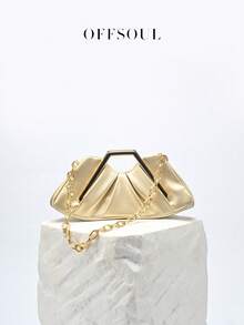 Vintage Asymmetrical Ruffle Cloud Clutch Bag, Unique Metal Hardware Handbag, High-End Retro Party Evening Bag - Gold - View 9