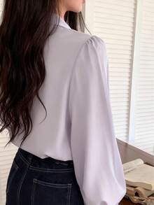 纯色系带领休闲长袖衬衫上衣 - 紫色 - 查看 5