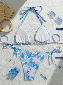 女士蓝粉色花卉荷叶边浪漫沙滩度假挂脖比基尼套装 - 藍粉 - 查看 2