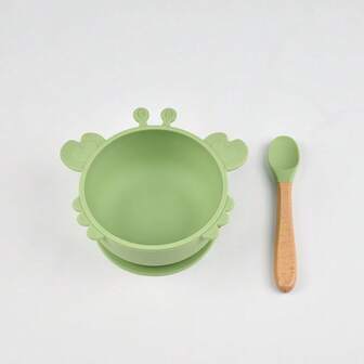 两件套婴儿餐具 - 硅胶吸盘碗和断奶勺，防滑防烫幼儿训练碗，卡通螃蟹造型儿童喂食用具