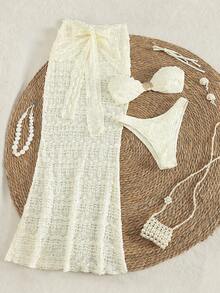 PEPPERMOLLY Bộ đồ 3 món không dây vai, chất liệu dệt kim họa tiết dành cho nữ, dây đeo có thể tháo rời - Áo crop top màu xanh lá chanh đính vỏ sò vàng và chân váy maxi cạp cao buộc dây bên hông, kiểu dáng nàng tiên cá Bohemian, thích hợp cho kỳ nghỉ biển, tiệc bể bơi, lễ hội âm nhạc, sự kiện bên bờ biển, các buổi tụ họp ngoài trời mùa hè, kỳ nghỉ và tiệc cưới. - Màu be - Xem 9