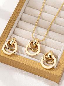 YUNCHUN 3pcs/Set Fashionable Metal Geometric Circle Jewelry Set For Women, Versatile Design Suitable For Daily Wear And Various Occasions - Gold - View 1