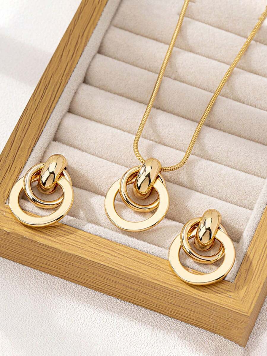 YUNCHUN 3pcs/Set Fashionable Metal Geometric Circle Jewelry Set For Women, Versatile Design Suitable For Daily Wear And Various Occasions - Gold - View 1