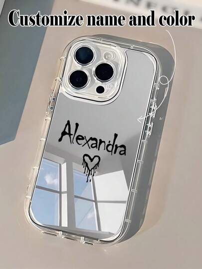 Customized Quirky Heart-Shaped Signature & Positive Slogan Mirror Phone Case, Thick Transparent Full Coverage Reflective Phone Protective Cover Compatible With Apple 11 12 13 14 15 16 17 Pro Max