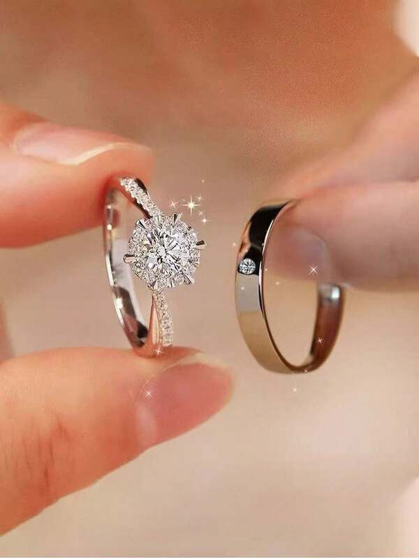 1 Pair Minimalist Fashionable Cubic Zirconia Engagement/Wedding Open Ring, Sparkling Couple Rings, Versatile For Women & Men, Suitable For Daily Wear And Holidays