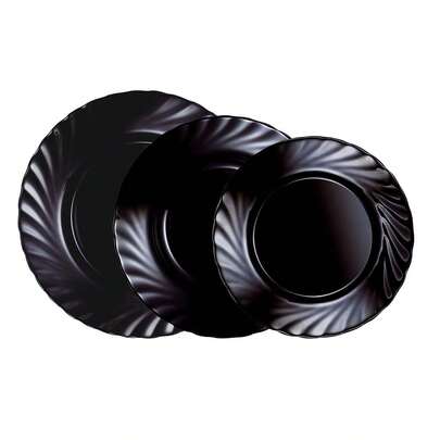 Luminarc Vajilla Vidrio Templado 18 Piezas - 6 Personas Trianon Negro Negro Brillo 6 platos llanos 24,5cm, 6 platos hondos 22,5cm y 6 platos llanos 19,5cm vidrio templado negro Apto Microondas Apto Frigorífico Fabricado en Francia Fácil de limpiar Apto lavavajillas Entrega 48/72h