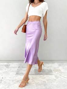 Falda de moda con textura satinada de inspiración europea y americana. Falda midi lisa con efecto drapeado brillante. Falda de seda para mujer. Novedades primavera/verano. Falda midi de verano de cintura alta para mujer. - Morado - Ver 7