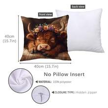 1 pièce 45 x 45 cm / 50 x 50 cm / 40 x 40 cm Housse de coussin imprimée d'une couronne florale à l'aquarelle et d'un vache des highlands en polyester, décoration de maison pour canapé, chambre, voiture [sans insert de coussin], convient pour un usage quotidien, décoration de maison minimaliste de luxe - Multicolore - Voir 13