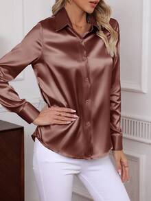 2026新款优雅纯色长袖衬衫，经典职业装女式衬衫 - 巧克力棕 - 查看 6