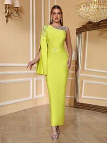 Love Aing New Arrival Women's Formal Dress, Rhinestone Embellished Turtleneck Bodycon Dress, Elegant Mesh Splice Evening Gown For Wedding, Party, Banquet
