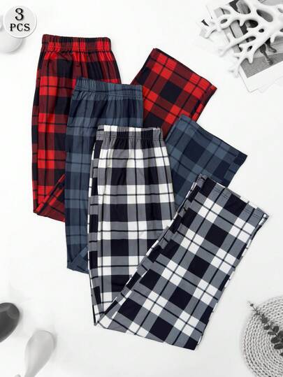 3 piezas Pantalones de pijama casuales de hombre con estampado de cuadros, pierna recta, transpirables, de ajuste holgado con cordón en la cintura y bolsillos, pantalones largos elásticos y cómodos, set multicolor