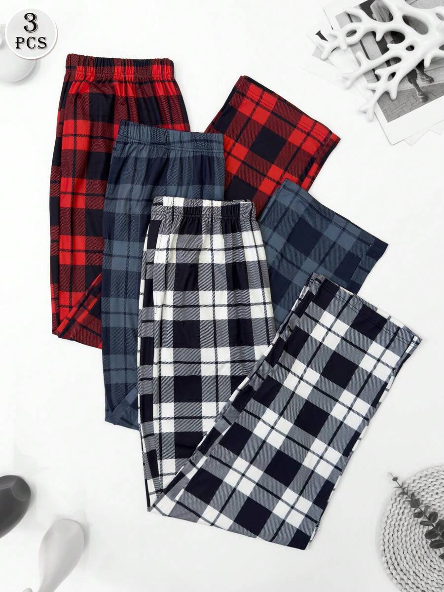 男士格子印花休闲直筒睡裤三件套，透气宽松抽绳腰带运动裤，带口袋，弹性舒适长裤，多色套装