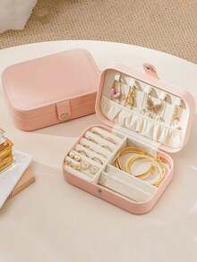 1 pieza Caja de almacenamiento de joyas de doble capa de cuero PU de gran capacidad, caja organizadora de joyas con cierre a presión, caja de joyas minimalista para el hogar, caja de exhibición de joyas portátil, estuche de almacenamiento de joyas de varios compartimentos - Multicolor - Ver 3