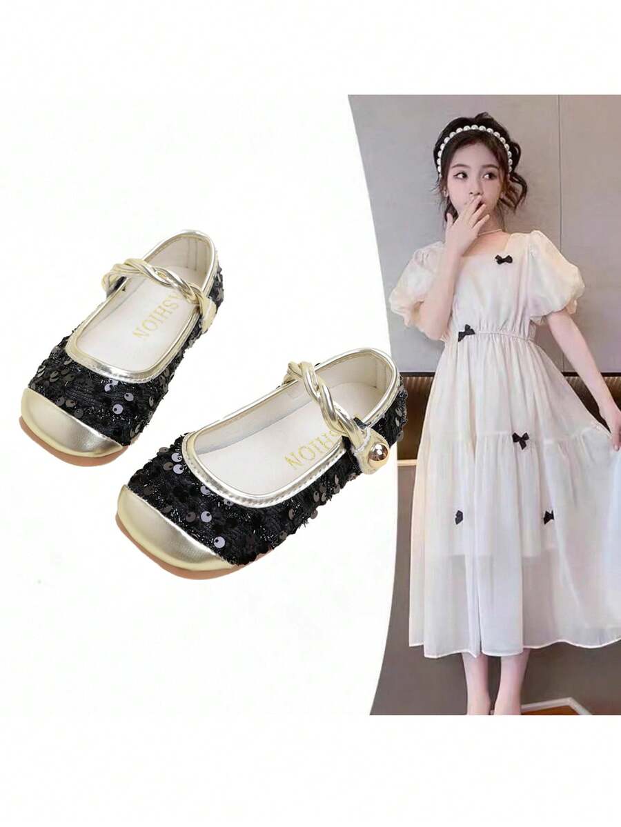 1 Pair Cute, Sweet, Elegant Sequin Patchwork Mary Jane Flat Shoes For Girls, Suitable For School, Commuting, All Seasons - Black - View 1