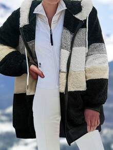 Women's Autumn And Winter Warm Loose Thickened Plush Zip-Up Top, Multi-Color Spliced Imitation Lamb Wool Hooded Coat,Color Block Striped Plush Warm Hooded Coat,Women Casual Fluffy Fleece Zip Up Winter Jacket, Patchwork Fuzzy Warm Hooded Outerwear,Soft Plush Color Block Hooded Winter Coat,Cozy Thick Fleece Striped Warm Jacket,Winter Warm Fluffy Color Block Zip Up Coat, - 黑色 - 查看 2