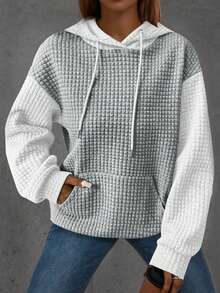 Plus Size Women Solid Color Jacquard Knit Loose Casual Sweatshirt Spring Vacation - White Ash - View 1