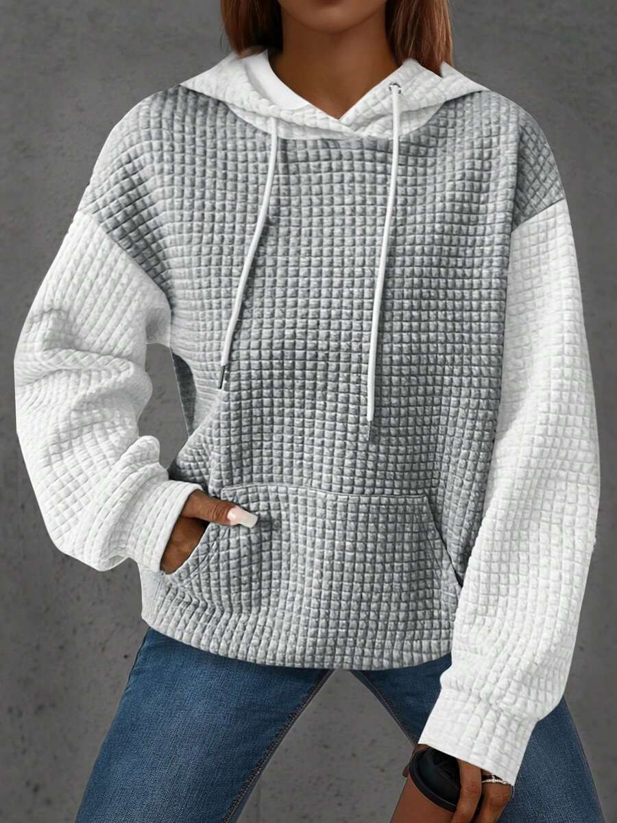 Plus Size Women Solid Color Jacquard Knit Loose Casual Sweatshirt Spring Vacation - White Ash - View 1