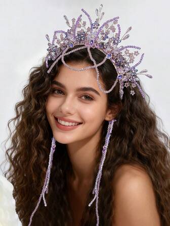 1 st. kristallblomkrona med tofs, lyxigt strass-prinsesshaarbonad med avtagbar tofs, mångsidigt hårtillbehör för brudar, bröllop, dejter, högtider, julfester