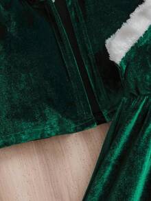 Girls Christmas Plush Set: Hooded Jacket + Sleeveless Dress, Fluffy Trim Decor, Suitable For Holiday Parties & Gatherings, Soft Plush Fabric, Red & White Fluffy Trim Creates Festive Christmas Vibe. Hooded Jacket For Warmth, Sleeveless Dress With Adorable Neckline Design, Autumn/Winter - Green - View 5