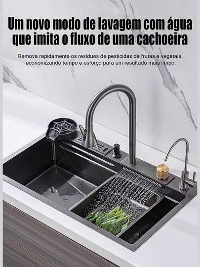 Pia Gourmet Cozinha 75x45cm Pia Multifuncional Aço Escovado Inox 304 Cor Preto Com + Torneira Monocomando Flexível Cascata Purificador Lavador De Copos Tábua Cesto Dispenser 300ml WINDA