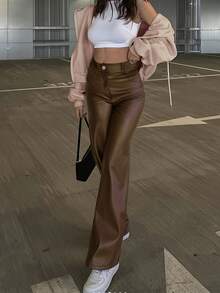 Women High Waist Shiny PU Leather Wide Leg Pants, Glossy Matte Coating, Fashion For Party, Commute, Music Festival, Vacation, Casual Straight Trousers, Spring/Summer Clothing, Best Seller, Hot Seller,Y2K,Suitable For Party, Commute, Holiday, Festivals, Outdoor Activities, Spring/Summer,Tall In Women,Going Out Outfits,Black,Trousers