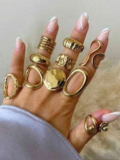 ​10 Pcs Minimalist Golden Color Tone Ring Stack Set, Geometric Irregular Opening Line Wrapping Ring Set For Women​