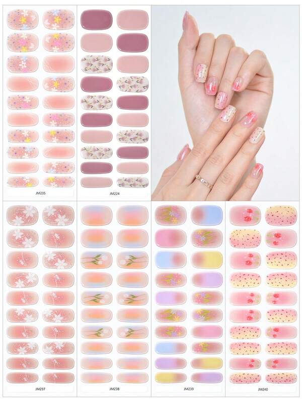 1 ورقة 20 قطعة ملصقات جل أظافر شبه معالجة بالكامل، باللون الوردي الرئيسي مع أنماط جميلة، أنيقة للحياة اليومية والسفر