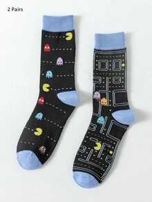 2pairs Men's Funny Cartoon Pattern Mid-Calf Length Fashion Socks Suitable For Daily Use, Fall