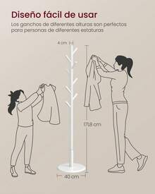 VASAGLE Perchero, Madera Maciza, en Forma de Árbol, 8 Ganchos para Chaquetas, Sombreros, para Pasillo, Ganchos y Barra de Soporte de Madera de Caucho, Blanco Nube,Regalo de Navidad - Blanco - Ver 5