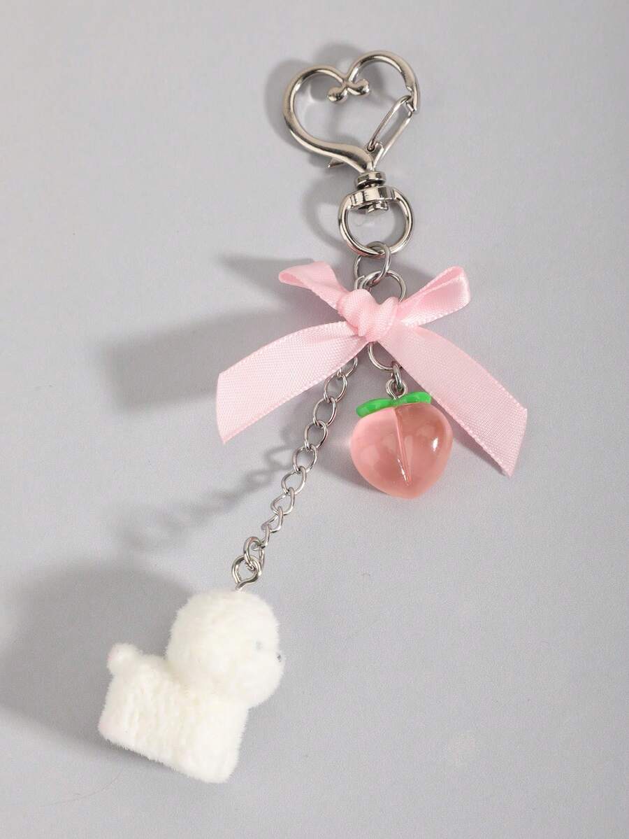 Rosa Welpen-Schleife & Pfirsich Schlüsselanhänger Anhänger, Armband oder Taschenzubehör, unisex, Geschenkideen für Feiertage/Valentinstag, Geschenktüte, Auto, Lehrer, Freundin, Schwester