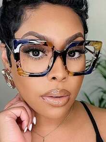 新款时尚方形眼镜框，欧美风女士大框平光镜片，花卉印花性感款 - 淺藍色 - 查看 1