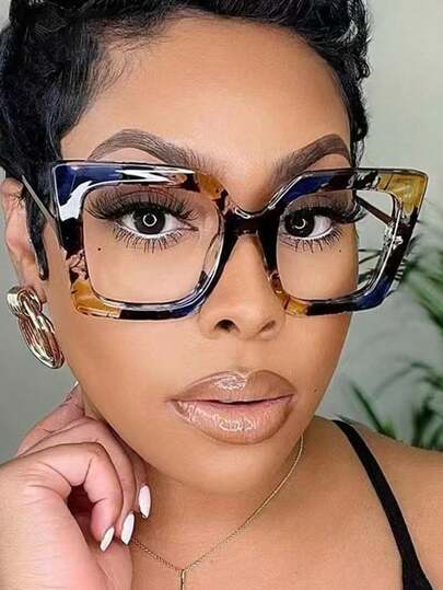 新款时尚方形眼镜框，欧美风女士大框平光镜片，花卉印花性感款