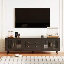 Low Cabinet, Retro-Style TV Stand: Gold Handles, Plenty Of Storage Space. With A Glass Door And Solid Wood Legs. - 黑色+刨花板+70-79英寸 - 查看 2