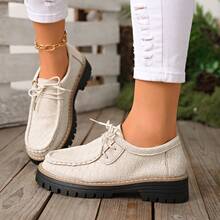 2025 Autumn New Arrival Plus Size Canvas Shoes, Solid Color Slip-On Casual Platform Loafers For Women - Beige - View 3