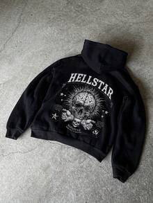Men's Oversized HELSTAR Graphic Hoodie With Skull & Brain Print, Black Gothic Streetwear Sweatshirt, Retro Punk Style, Fall Winter Halloween Outfit, Hip Hop Casual Wear, Great Gift For Boyfriend/Husband, Men's Loose Fit Skull-Themed Hoodie - 黑色 - 查看 4