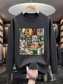 1件青少年男童休闲酷炫印花圆领长袖T恤，宽松版型，学生青少年服装，秋季款，正面印花