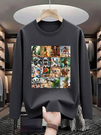 1件青少年男童休闲酷炫印花圆领长袖T恤，宽松版型，学生青少年服装，秋季款，正面印花