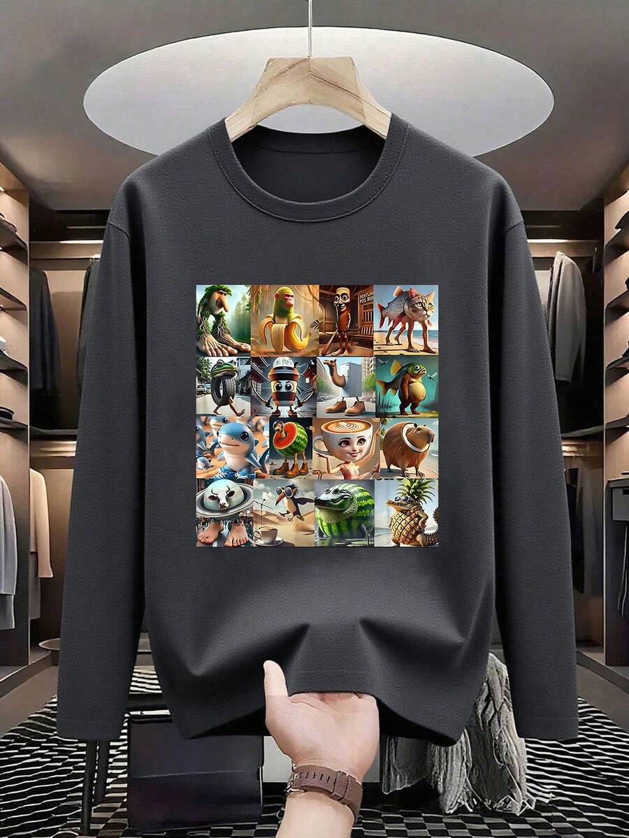 1件青少年男童休闲酷炫印花圆领长袖T恤，宽松版型，学生青少年服装，秋季款，正面印花