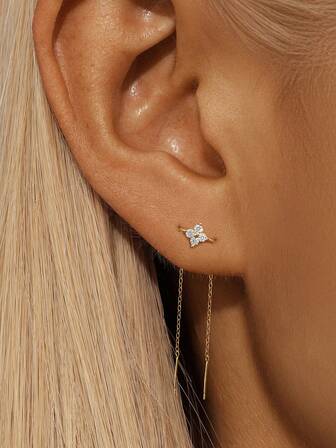 EleRunis 1Pair 925 Sterling Silver 4 Leaf Clover Flowers Tassel Women Studs Cartilage Helix Piercing Fine Jewelry For Daily Wear Wedding Party Engagement Anniversary Valentine's Day