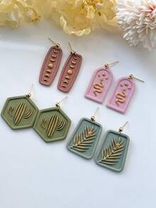 1/4Pcs Embossing Soft Clay Molds, Cactus Western Debossing Clay Earring Cutter For Polymer Clay Jewelry Making, Snake Moon Polymer Clay Stud Earring Stamp Making Tool, Clay Jewelry Making Kit, Clay Earring Molds, Made By PLA, DIY Earring Gift - Pink - View 3