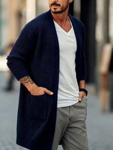 男士宽松针织开衫，长袖V领口袋休闲毛衣外套，秋冬款 - 寶藍色 - 查看 6