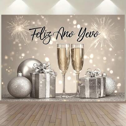 1 PIEZA Pancarta de fondo con purpurina plateada para Año Nuevo Feliz - Diseño elegante con copas de champán y fuegos artificiales, decoración para fiestas, adecuada para Navidad, Año Nuevo, bodas, cumpleaños, photocalls - Multiusos y multitamaño, tela de fondo para decoración unisex, interior y exterior, estudio fotográfico, decoración de jardín, decoración de fiestas y photocalls.