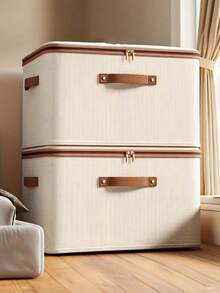 带拉链盖的储物箱，带织物盖的储物篮，可折叠可洗衣柜架子衣服整理器容器，带手柄（米色），带盖亚麻拉链储物盒 - 极简主义风格，可手洗，可折叠床下衣物收纳盒，卧室必备