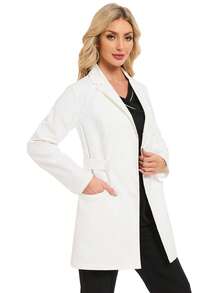 cimmuovere Damski kołnierzyk z karbem, długi rękaw, rozcięcie u dołu, regulowany pasek w talii, wiele kieszeni, wygodny, profesjonalny, codzienny, fartuch, pielęgniarka, odzież robocza, dentysta, opieka zdrowotna, szpital dla zwierząt, fartuch laboratoryjny