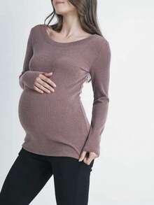 Maternity Fashion Round Neck Long Sleeve Ribbed Shirt, Medium Stretch Polyester Top, Suitable For Expectant Mothers Spring - Mauve Purple - View 3