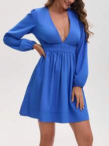 女式休闲短款 A 字连衣裙，深 V 领，腕长袖，梭织面料 - 寶藍色 - 查看 2