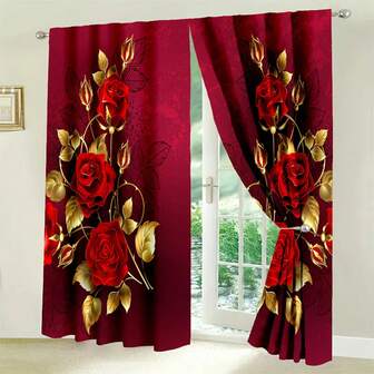 2pcs Elegant Rose Pattern Decorative Curtains - Machine Washable, Satin Finish, Suitable For Bedroom And Living Room, Great For Christmas Home Decor