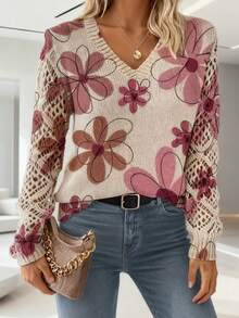 Women'S Bohemian V-Neck Long Sleeve Tunic Top - All-Over Floral Print In Burgundy/Pink/Golden/Brown Tones, Soft -Like Texture, Elegant Pullover For Spring Casual & Semi-Formal Wear, Layering Essential For Streetwear & Boho Style - Hồng - Xem 5